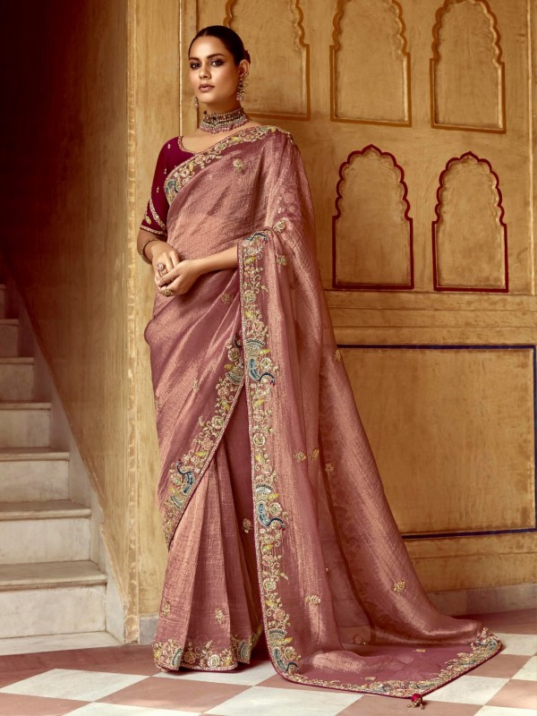 Fancy Silk Party wear Saree In Rose Gold Color with Embroidery Work