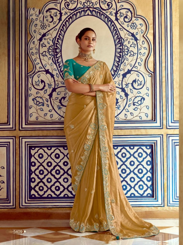 Fancy Silk Party wear Saree In Mustard Color with Embroidery Work