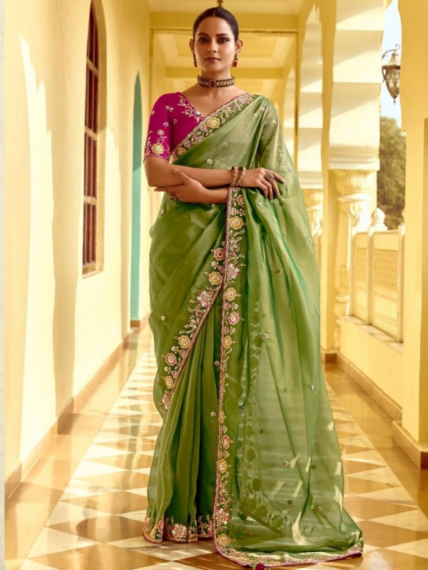 Fancy Silk Party wear Saree In Mahendi Green Color with Embroidery Work