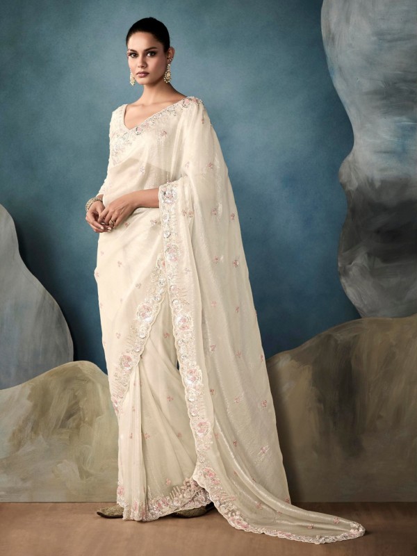 Pure Tissue Silk Party wear Saree In Off White Color with Embroidery Work