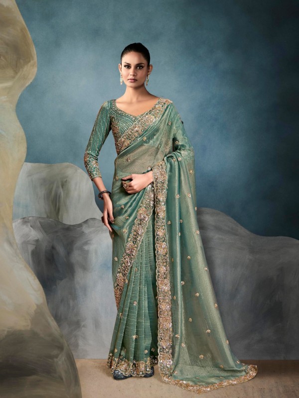 Pure Tissue Silk Party wear Saree In Teal Green Color with Embroidery Work