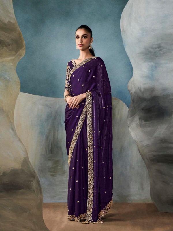 Pure Tissue Silk Party wear Saree In Purple Color with Embroidery Work