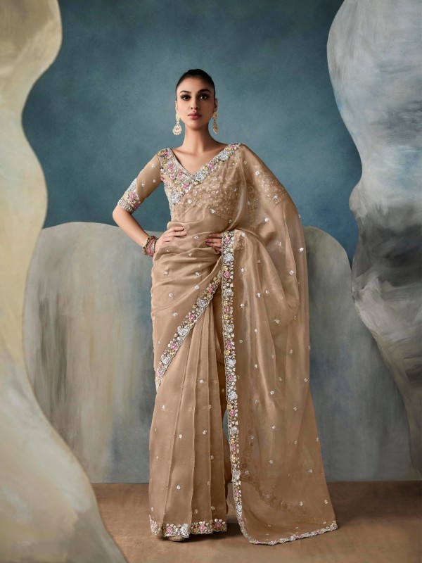 Pure Tissue Silk Party wear Saree In Beige Color with Embroidery Work