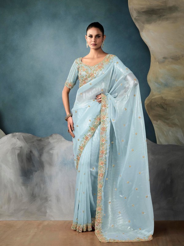 Pure Tissue Silk Party wear Saree In Light Sky Blue Color with Embroidery Work