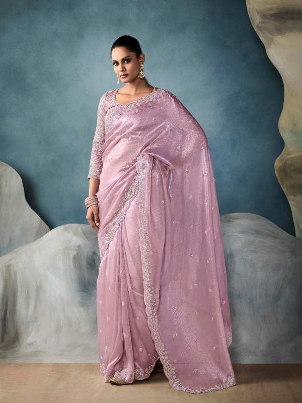 Pure Tissue Silk Party wear Saree In Light Pink Color with Embroidery Work