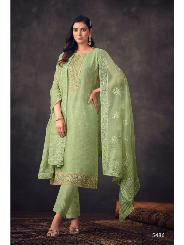 Organza Silk Party Wear  Suit  in  Green Color with  Embroidery Work