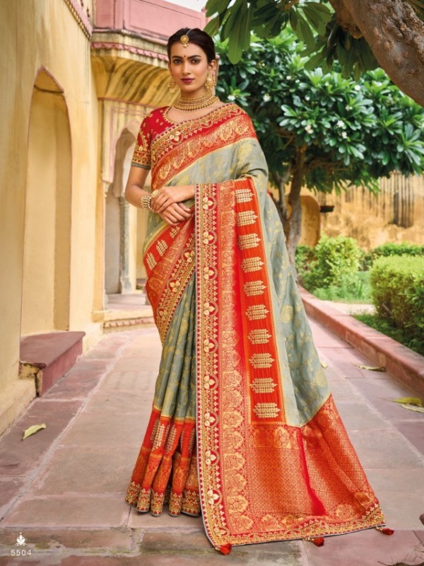 Pure Banarasi Silk Saree In Grey & Red Color With Embroidery Work