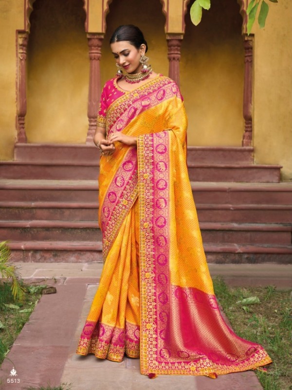 Pure Banarasi Silk Saree In Yellow & Pink Color With Embroidery Work