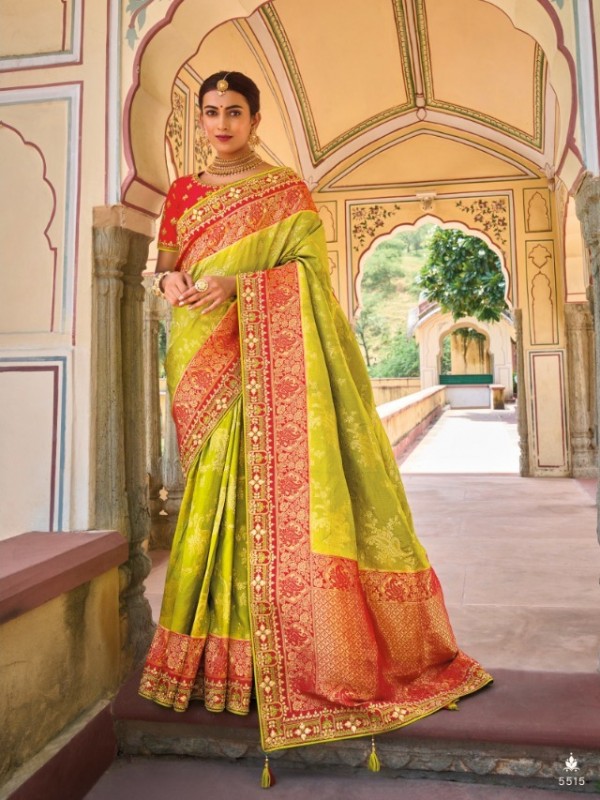 Pure Banarasi Silk Saree In Lemon Green  Color With Embroidery Work