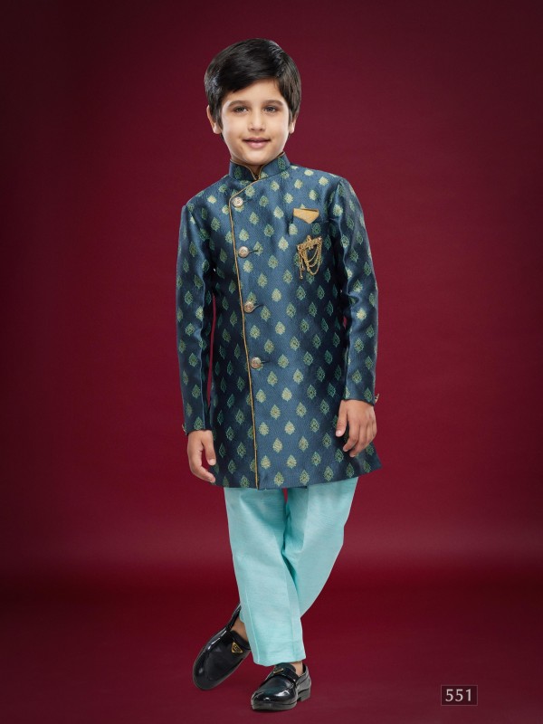 Banarasi Jacqard Silk Readymade Kids Indowestern in Blue Color  