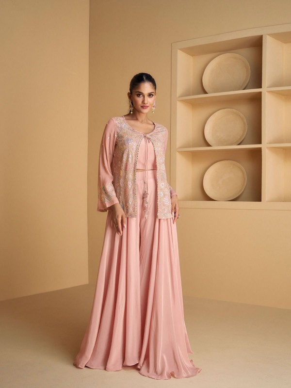 Georgette  Fabrics Party Wear 3 Peace Set  In Pink Color With Embroidery Work