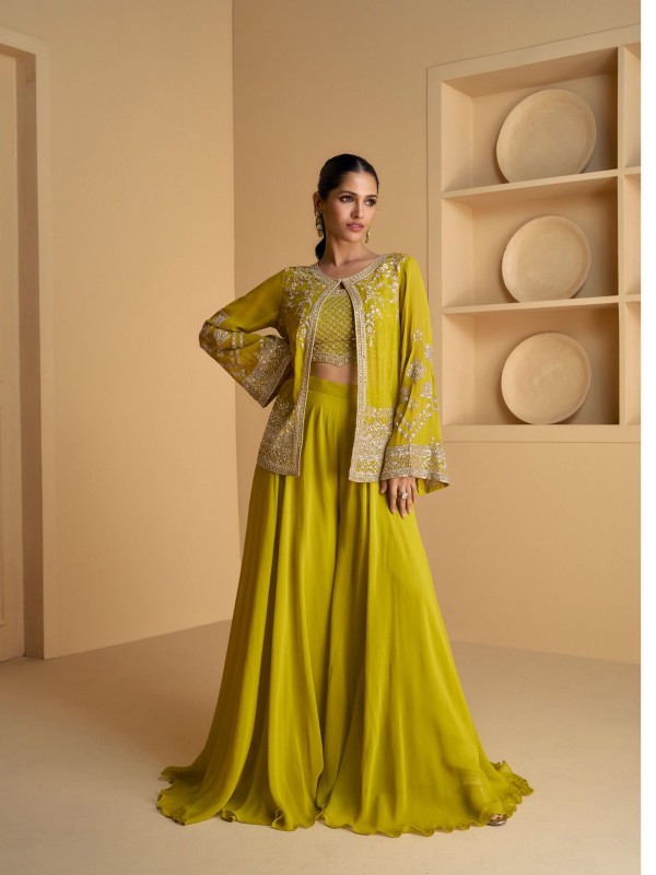 Georgette  Fabrics Party Wear 3 Peace Set  In Lemon Green Color With Embroidery Work