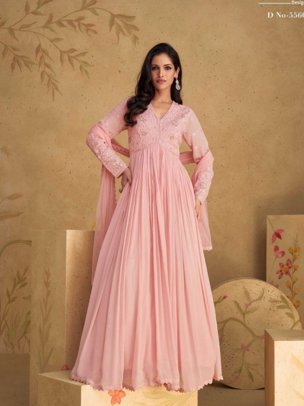 Real Georgette Party Wear Gown Pink Color with Embroidery Work