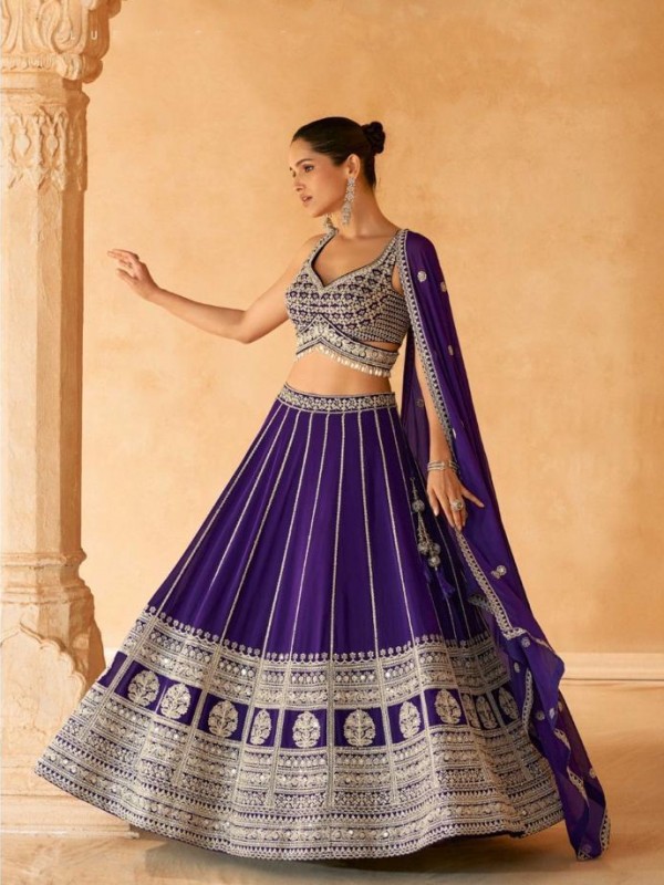 Pure Georgette Party Wear Lehenga In Purple Color With Embroidery Work