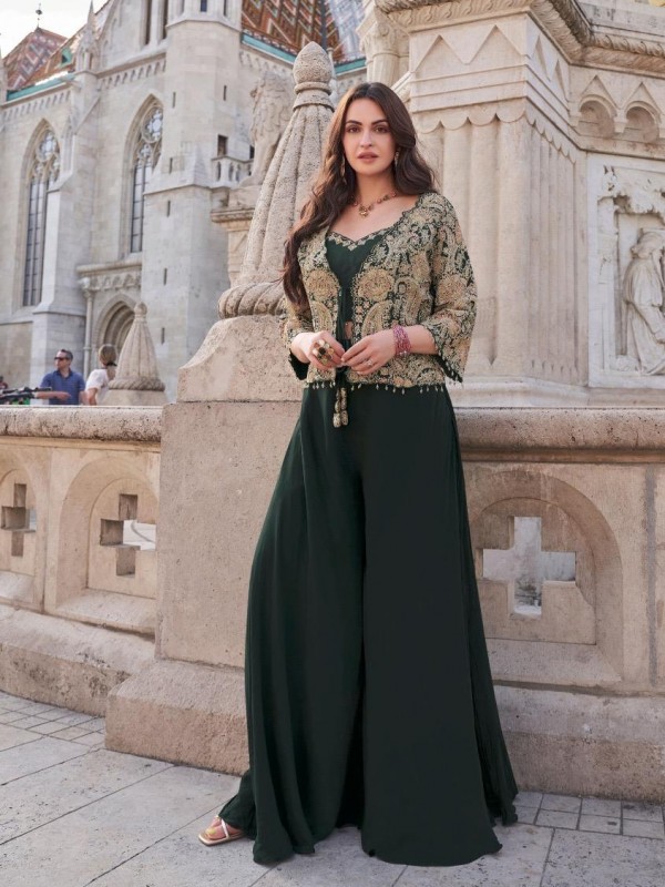 Real Premium Silk Fabrics Party Wear 3 Peace Set In Green Color With Embroidery Work