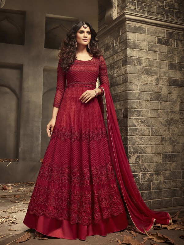 Soft Premium Net Wedding Wear Readymade Gown In Red With Embroidery Work & Khatli Work