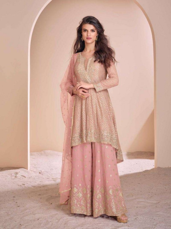 Pure Chinon Silk Party Wear Sharara Light Pink Color with Embroidery Work