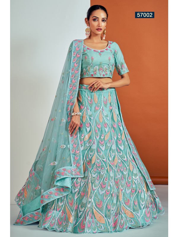 Soft Premium Net Fabrics  Wedding Wear Lehenga in Turquoise Color With Embroidery Work