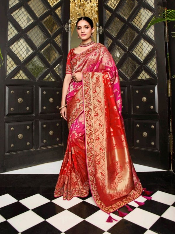 Pure Banarasi Silk Saree In  Red & Pink Color With Embroidery Work