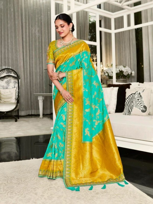 Pure Banarasi Silk Saree In  Turquoise & Yellow Color With Embroidery Work