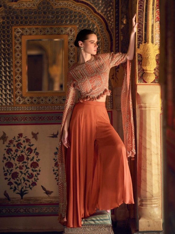 Premium Real Chinon Silk Party Wear Plazo Set Orange Color with Embroidery Work