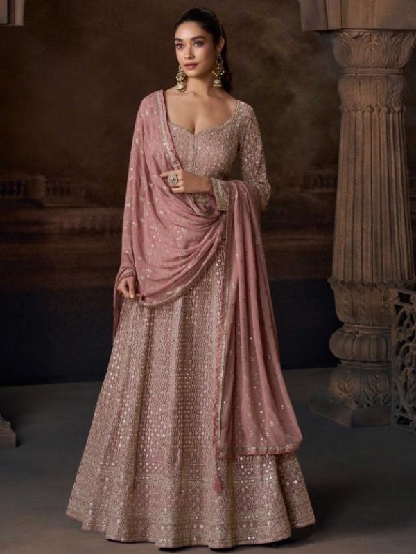 Pure Chinon Silk Party Wear Gown Peach Color with Embroidery Work