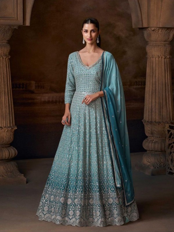 Pure Chinon Silk Party Wear Gown Sky Blue Color with Embroidery Work