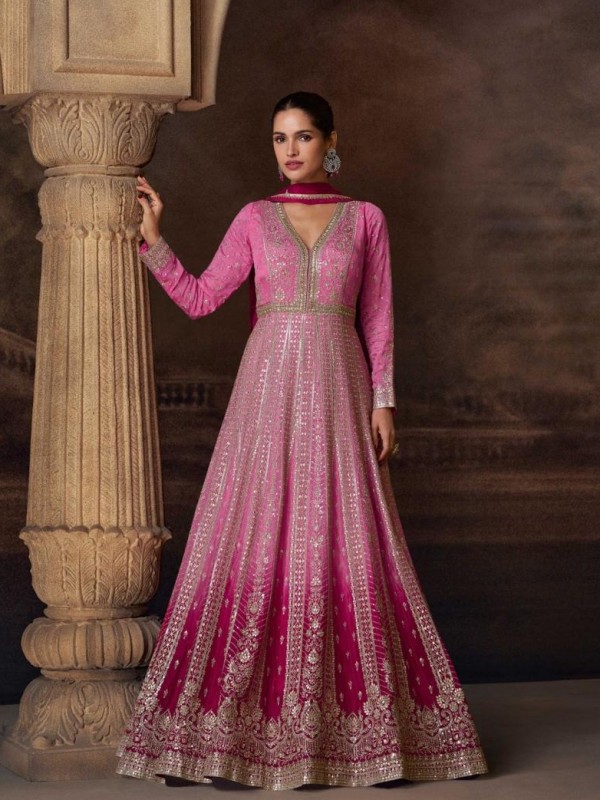 Pure Chinon Silk Party Wear Gown Pink Color with Embroidery Work