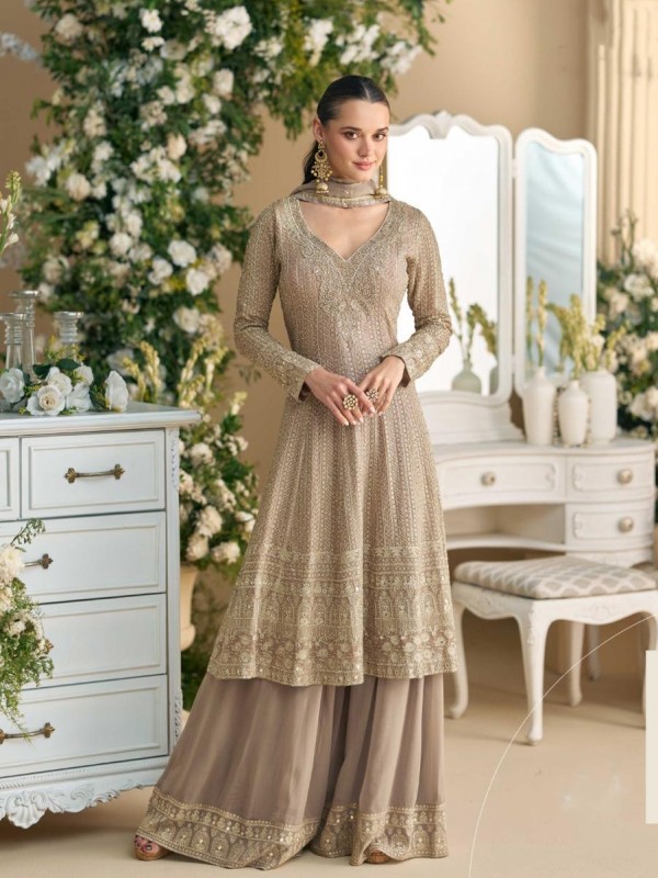 Real Georgette Fabric Party Wear Sharara Beige Color with Embroidery Work