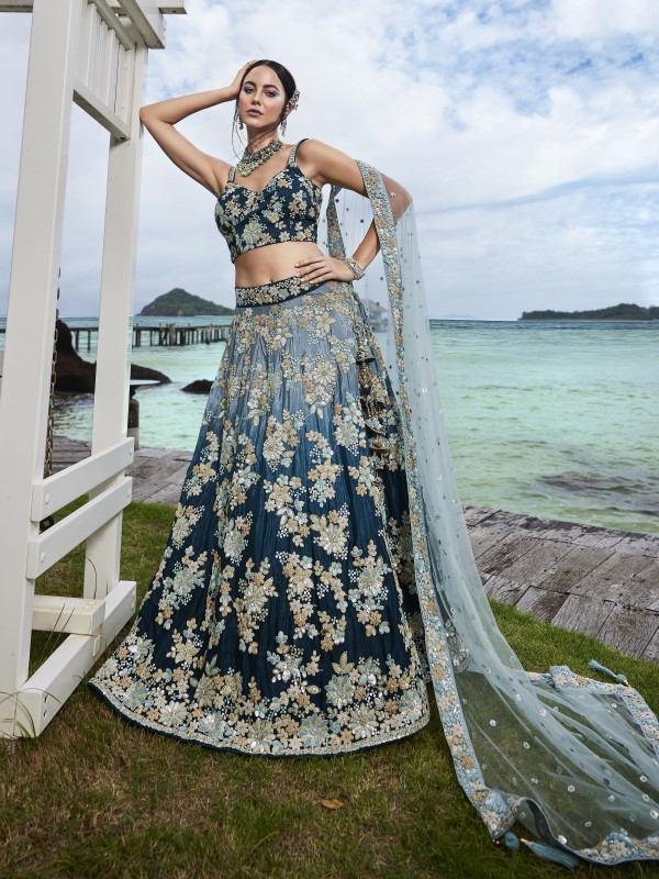 Pure Georgette Wedding Wear Lehenga In Teal Color With Embroidery Work 