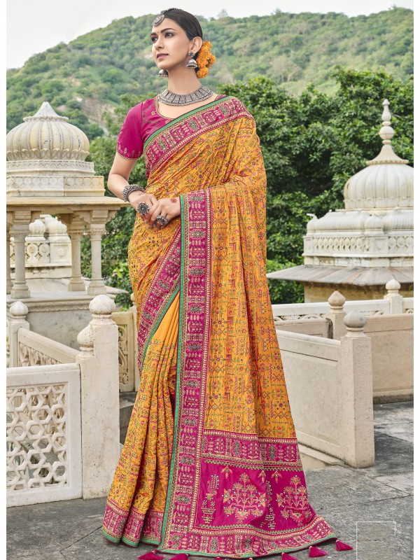 Pure Banarasi Silk Saree In Yellow Color With Embroidery Work