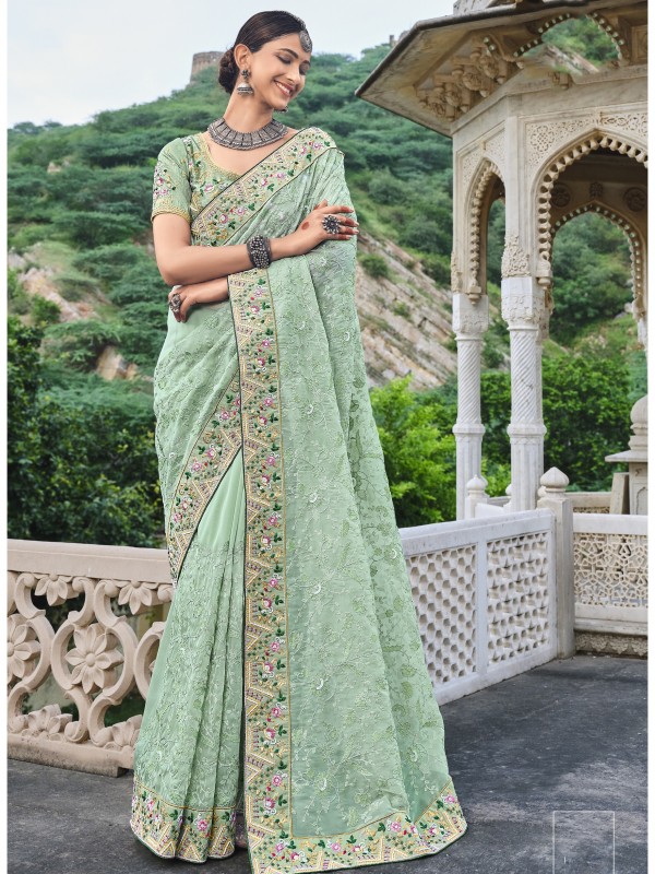 Pure Banarasi Silk Saree In Sea Green Color With Embroidery Work