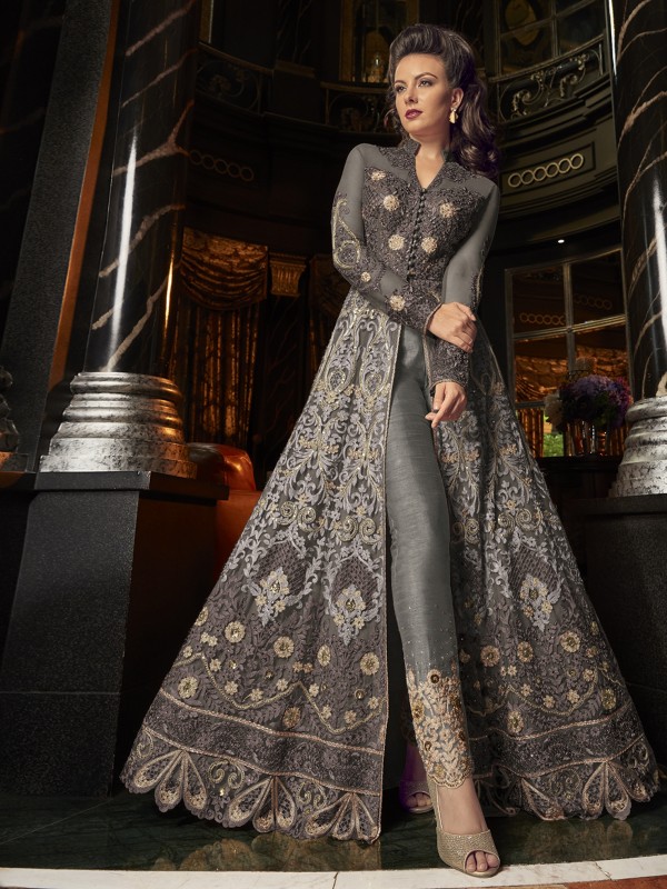 Crystal Stone Work Soft Premium Net Wedding Wear Readymade  Gown In Grey Color 