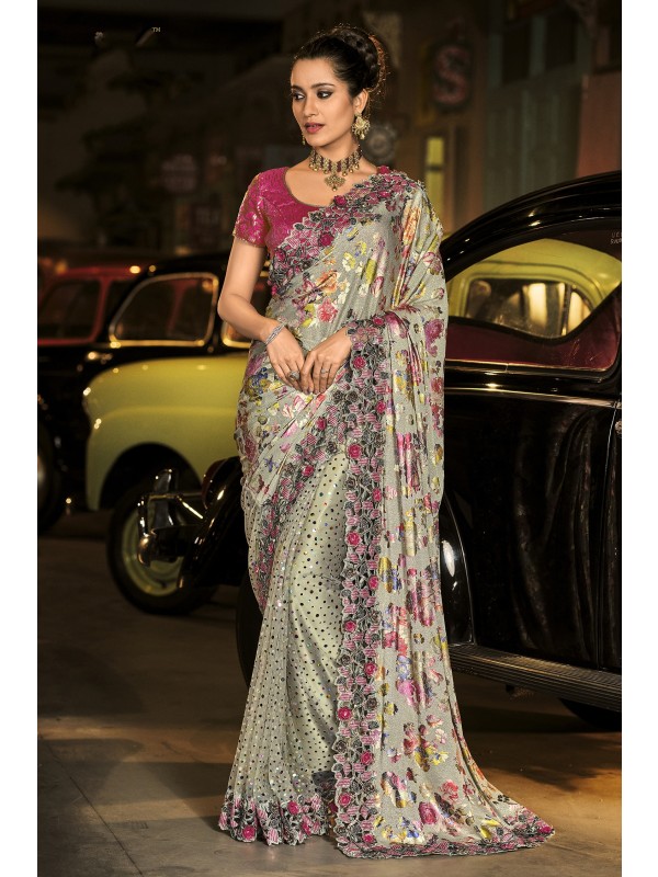 Fancy Laycra Wedding Wear Saree In Grey Color WIth Embrodiery Work 
