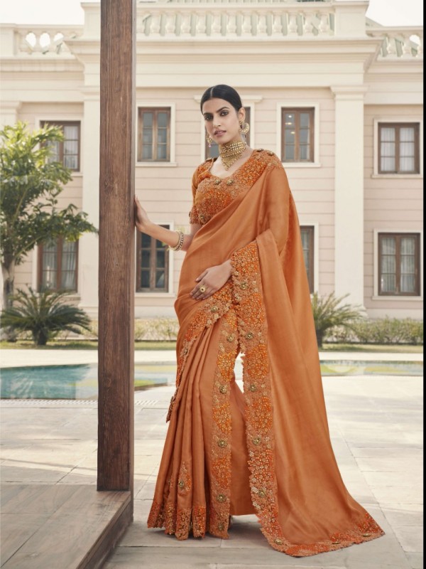 Soft  Silk  Saree  Orange Color With Embroidery Work