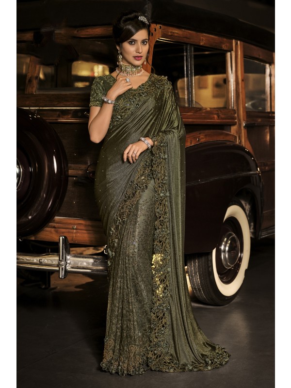 Fancy Laycra Wedding Wear Saree In Dark Green Color WIth Embrodiery Work 