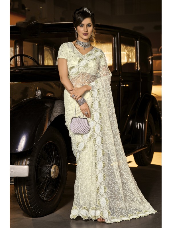 Soft Premium Net Wedding Wear Saree In White  Color WIth Embrodiery Work 