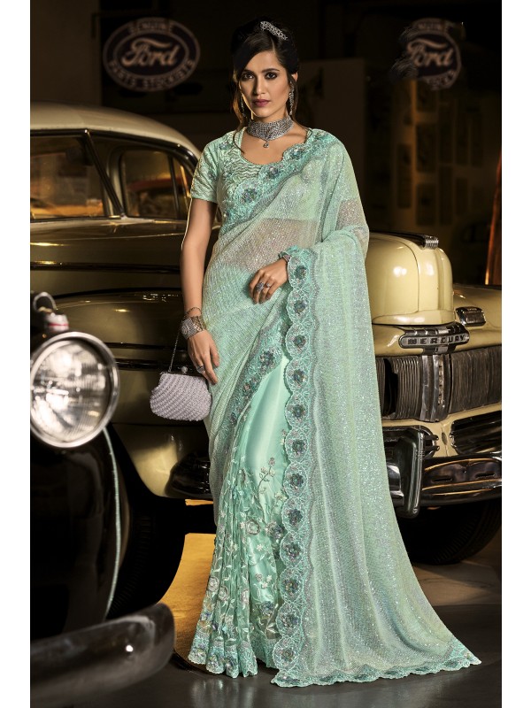 Fancy Laycra Wedding Wear Saree In Sea Blue Color WIth Embrodiery Work 