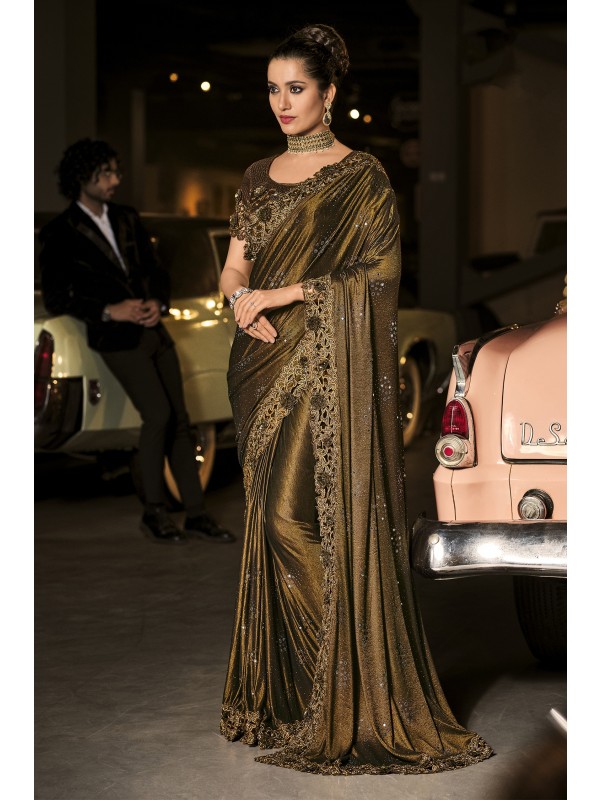 Fancy Laycra Wedding Wear Saree In Dark Brown Color WIth Embrodiery Work 