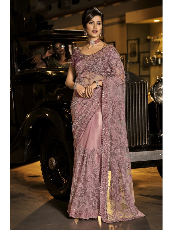Soft Premium Net Wedding Wear Saree In Mauve Color WIth Embrodiery Work 