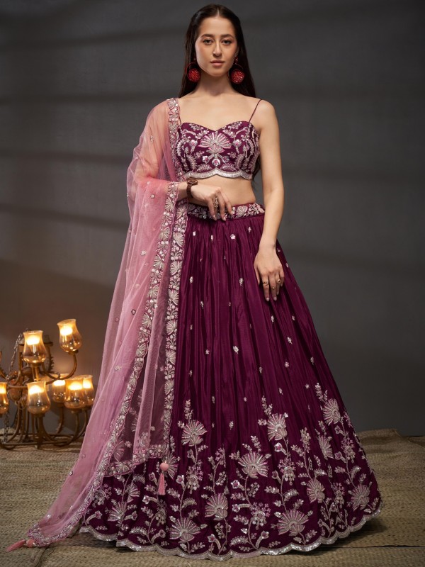 Pure Chiffon Lehenga Burgundy Color Lehenga With Embroidery Work & Sequence Work    