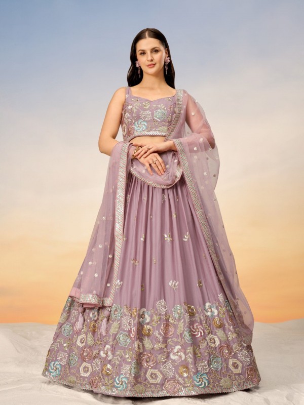 Pure Chiffon Lehenga In Mauve Color With Embroidery Work & Sequence Work  