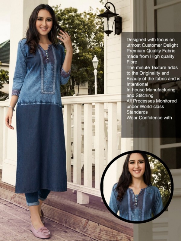Designer Denim Fabrics Kurti In Blue With Embroidery Work 