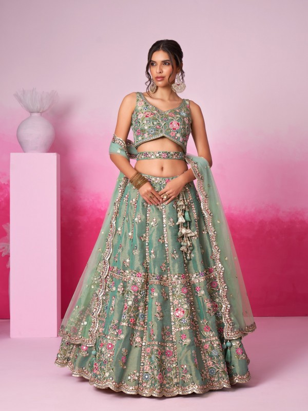 Soft Premium Net Lehenga Sea green Color Lehenga With Embroidery Work & Mirror Work    