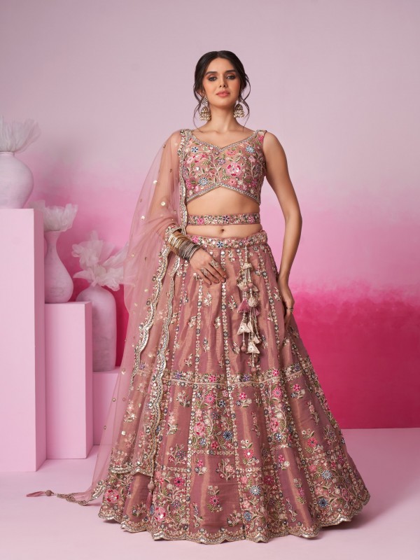 Soft Premium Net Lehenga Rose gold Color Lehenga With Embroidery Work & Mirror Work    