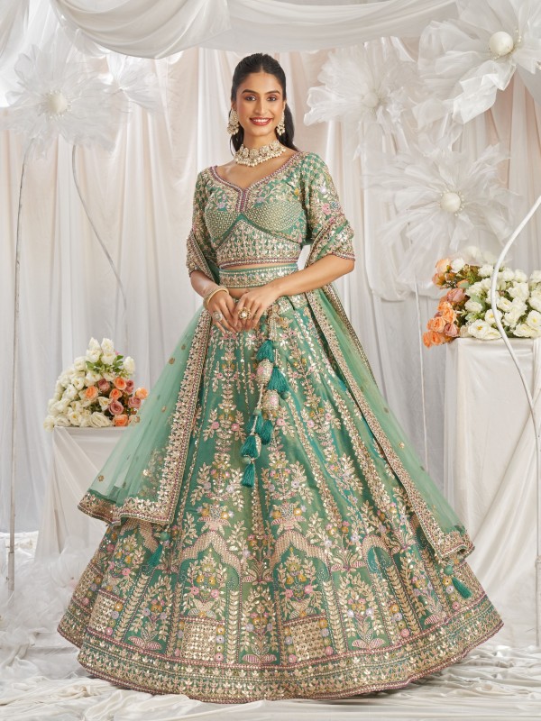 Soft Premium net Lehenga In Sea Green Color With Embroidery Work & Gotta patti Work    