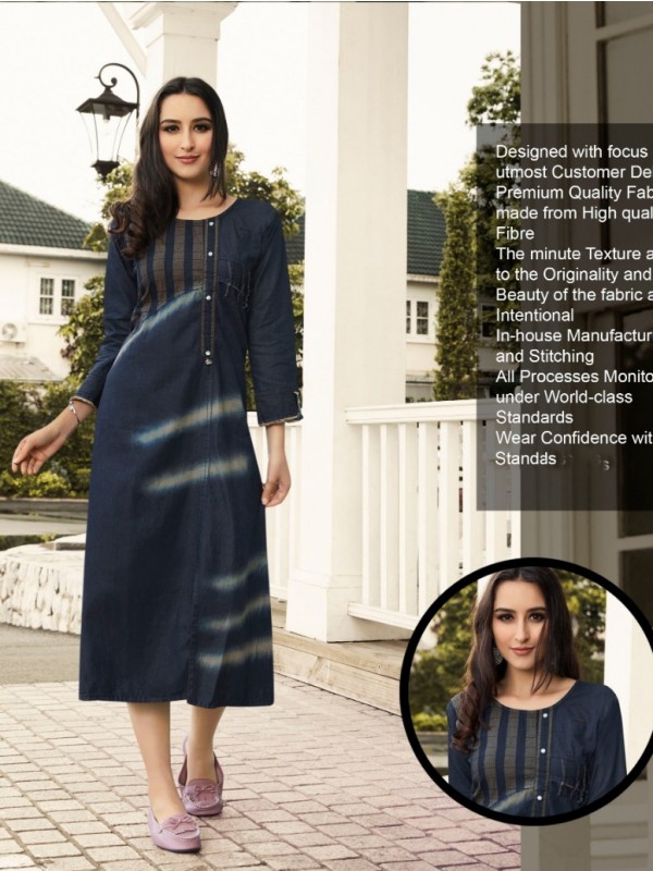 Designer Denim Fabrics Kurti In Blue With Embroidery Work 
