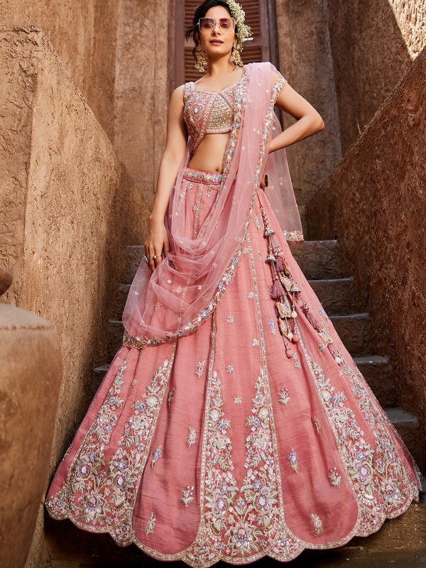 Pure Tissue Silk Fabric Wedding Wear Lehenga In Pink Color With Embroidery Work    