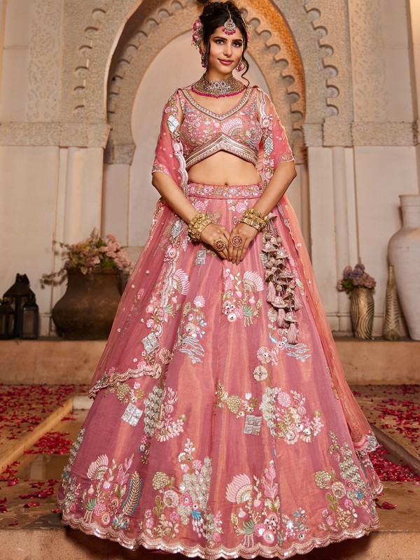 Soft Bridal Net Wedding Wear Lehenga In Pink Color With Embroidery Work    