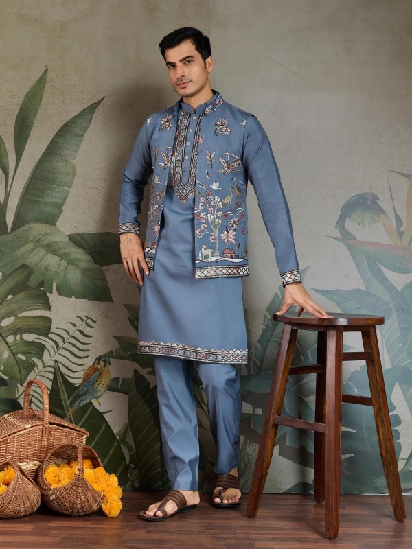 Viscose Silk Readymade Koti Kurta in Blue & Grey Color With Embroidery work 